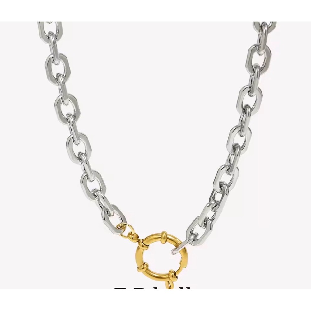 Two Tone Chunky Chain Link Necklace Gold Silver Mixed Metal Sailor Clasp Choker - Picture 4 of 10
